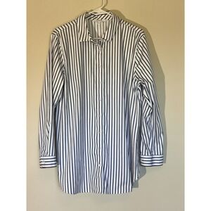 Chicos Navy Blue Preppy Nautical Coastal Classic Stripe Button Up Top Shirt 3 16